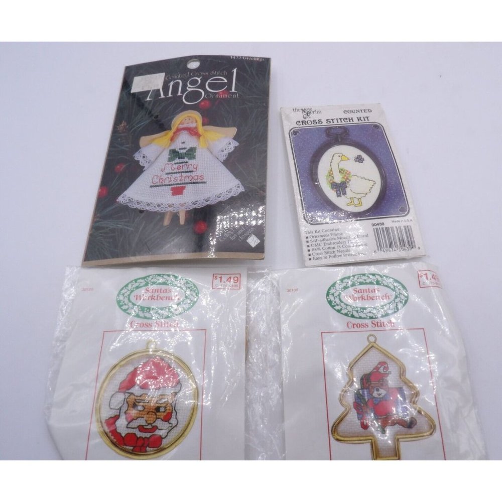4 Mini Counted Cross Stitch Kits NOS Angel Ornmanet, Goose Santa  & Elf w frames